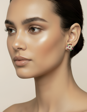 18k Gold Multi Color Gemstone Disc Earrings