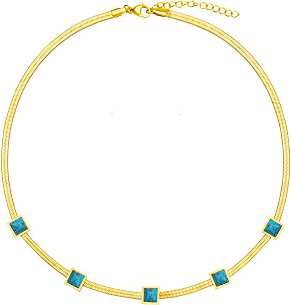 18K Gold Turquoise Princess Cut Gold Necklace