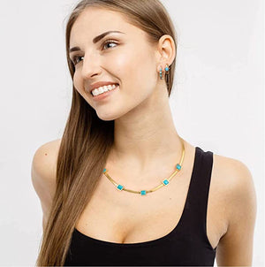 18K Gold Turquoise Princess Cut Gold Necklace