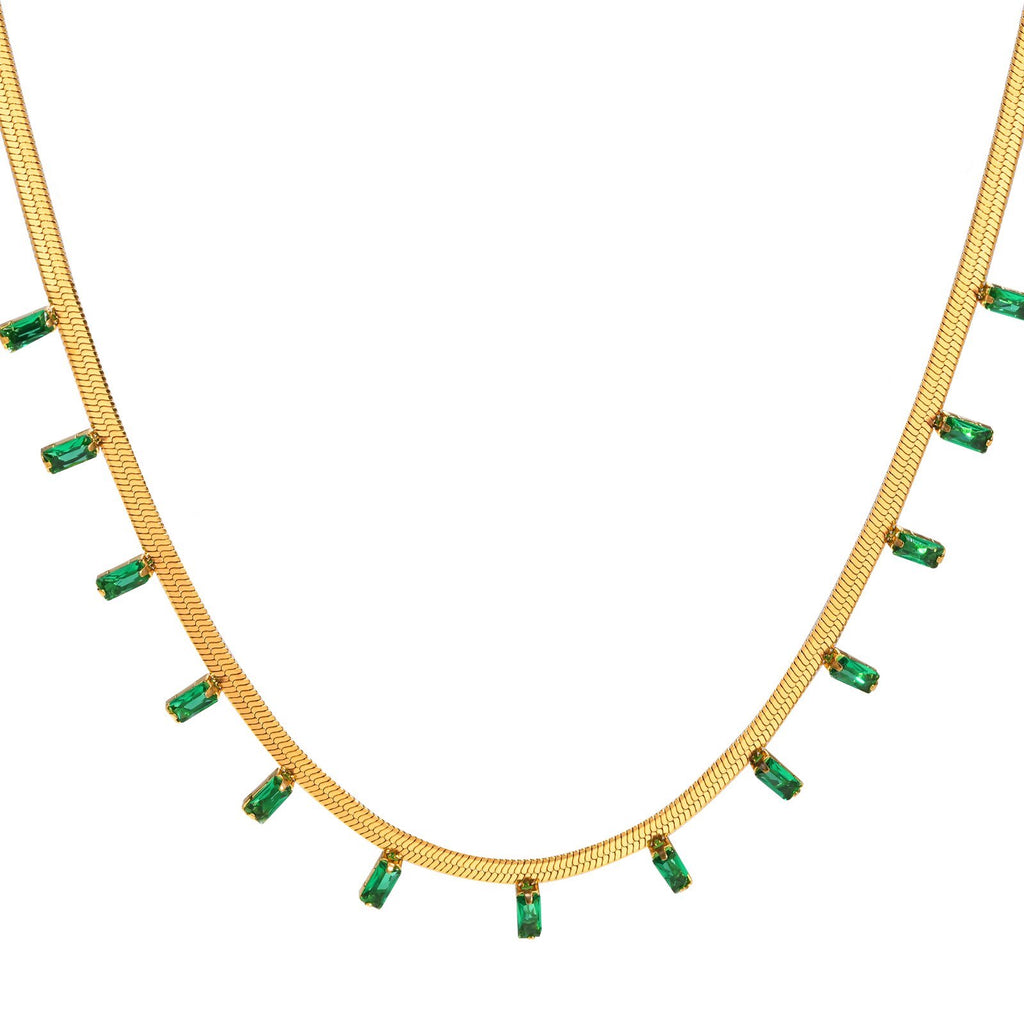 18K Gold Green Emerald Cut Charm Gold Necklace