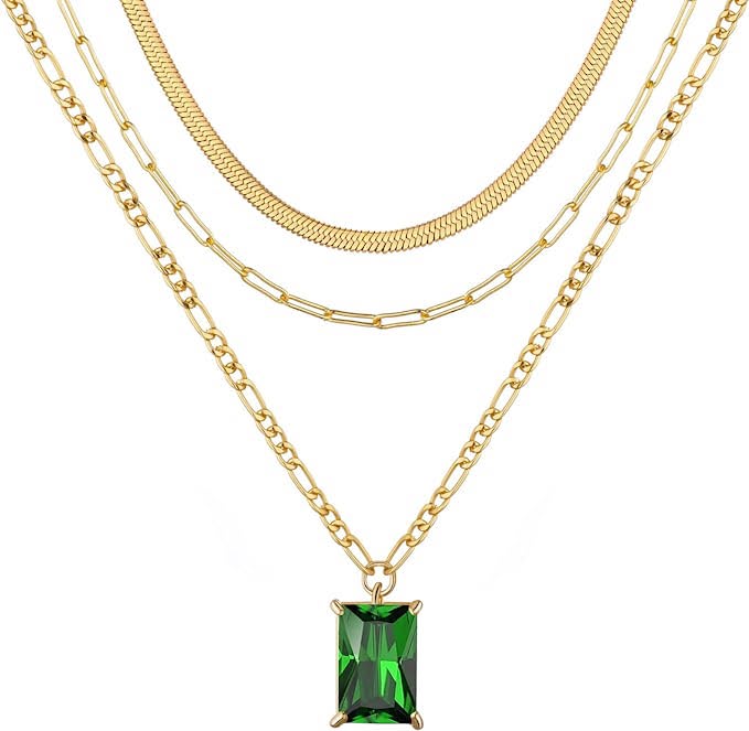 18K Gold Multi Layer Emerald cut Green Necklace