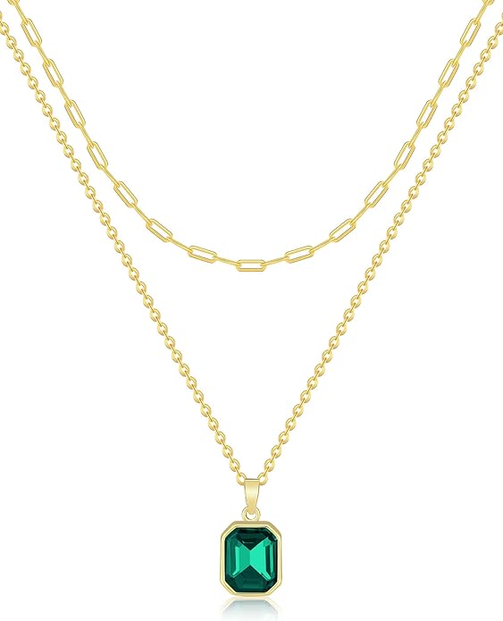 18K Gold Multi Layer Emerald cut Green Necklace - Liv Oliver