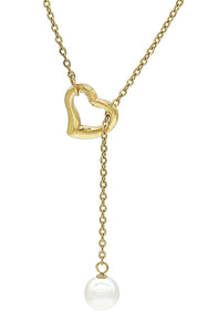 18k Gold Open Heart Pearl Lariat Necklace