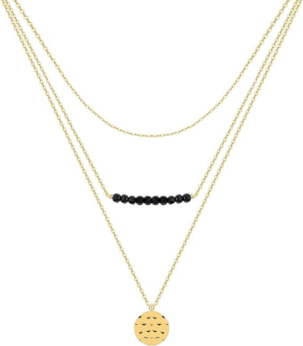 18K Gold Multi Layer Black Gemstone Necklace