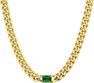 18K Gold Chain Emerald-cut Green Necklace