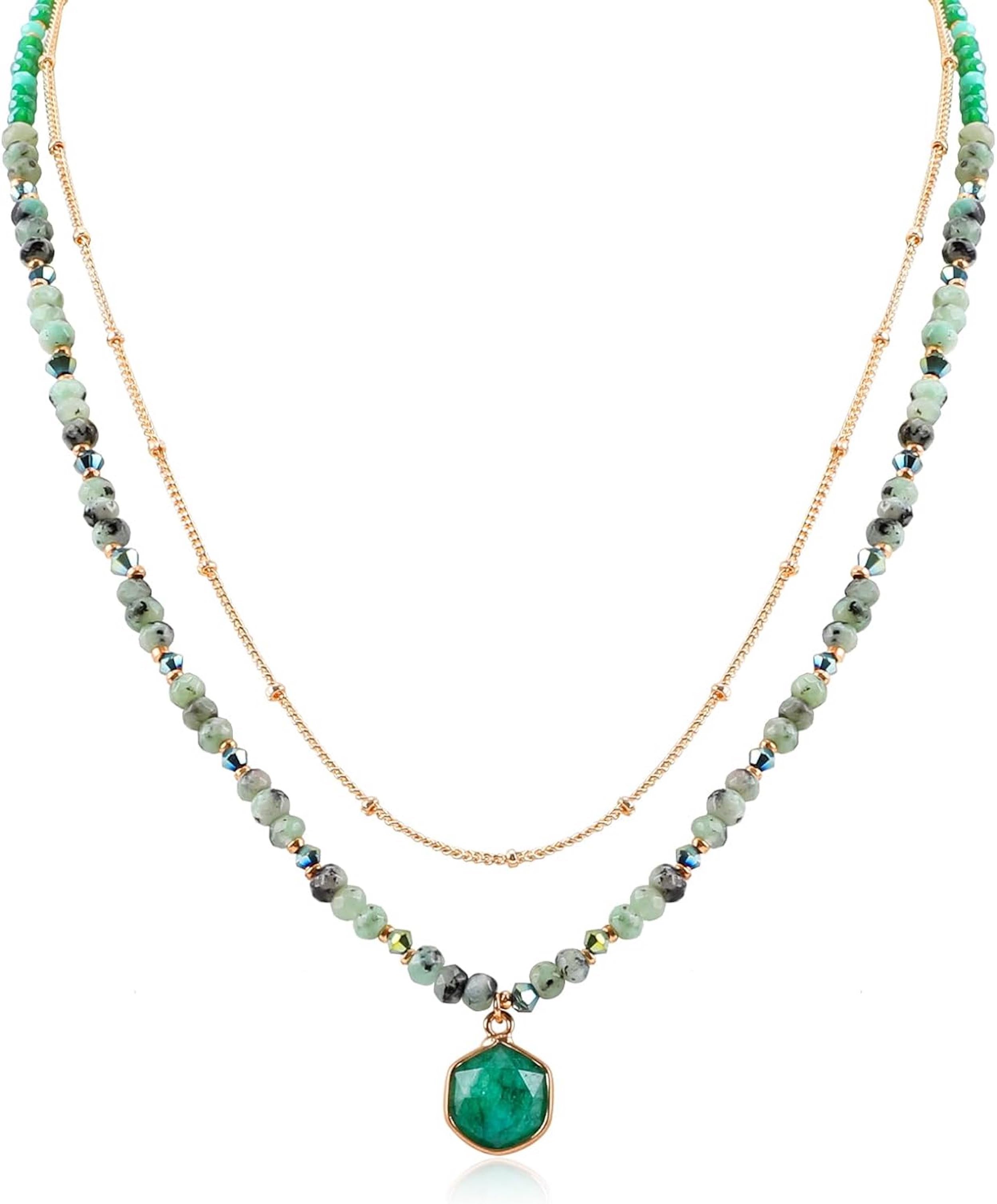 18K Gold Multi Green Layer Gemstone Necklace - Liv Oliver