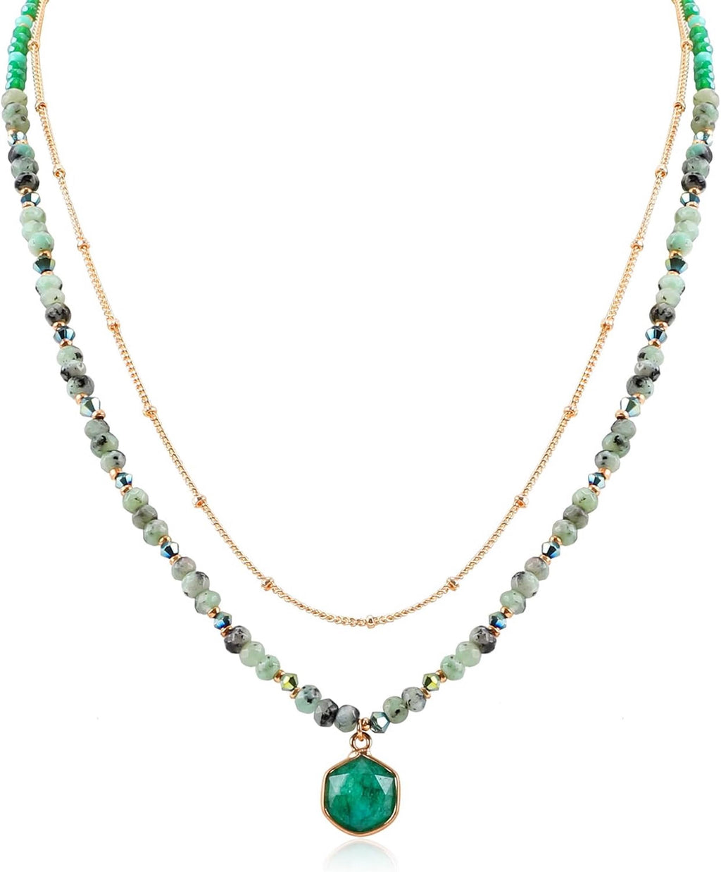 18K Gold Multi Green Layer Gemstone Necklace - Liv Oliver