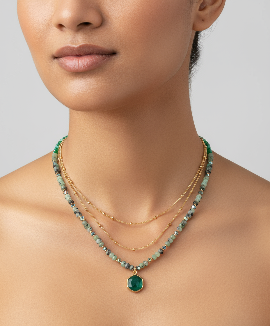 18K Gold Multi Green Layer Gemstone Necklace