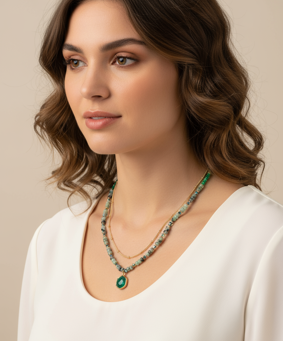 18K Gold Multi Green Layer Gemstone Necklace