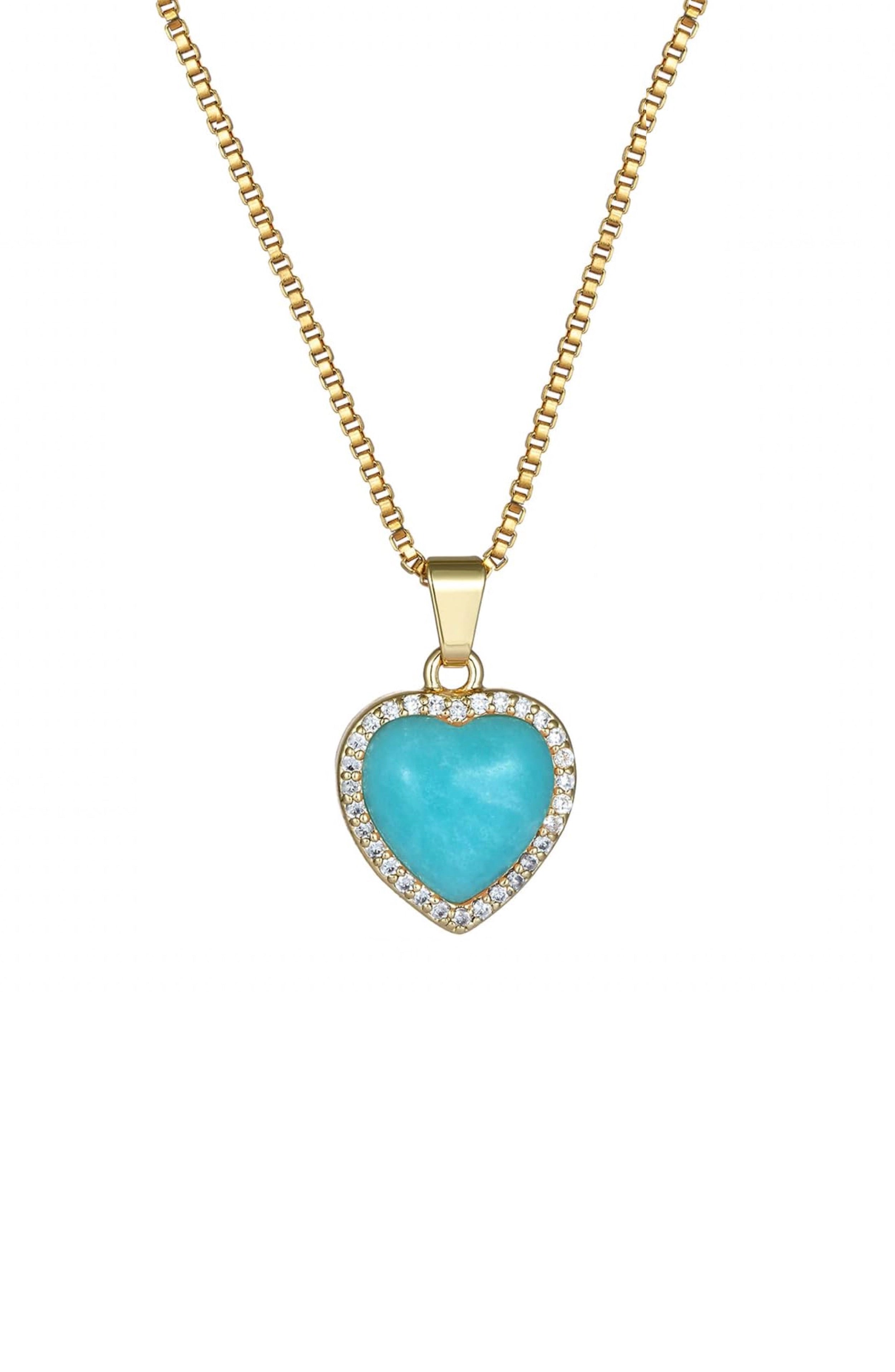 18K Gold Sea Blue Heart Stud Gemstone Necklace