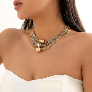 18K Tri Color Gold Multi Link Layer Statement Necklace