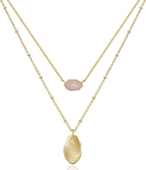 18k Gold Sea Green Chalcedony Geometric Layer  Drop Necklace