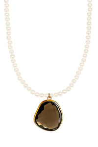 18k Gold Pearl & Smokey Quartz Pear Drop Necklace