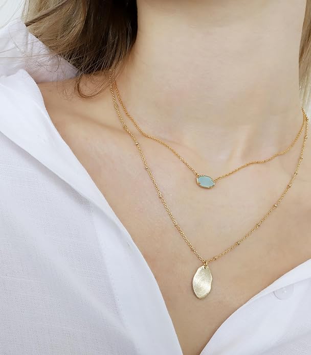 18k Gold Sea Green Chalcedony Geometric Layer  Drop Necklace - Liv Oliver