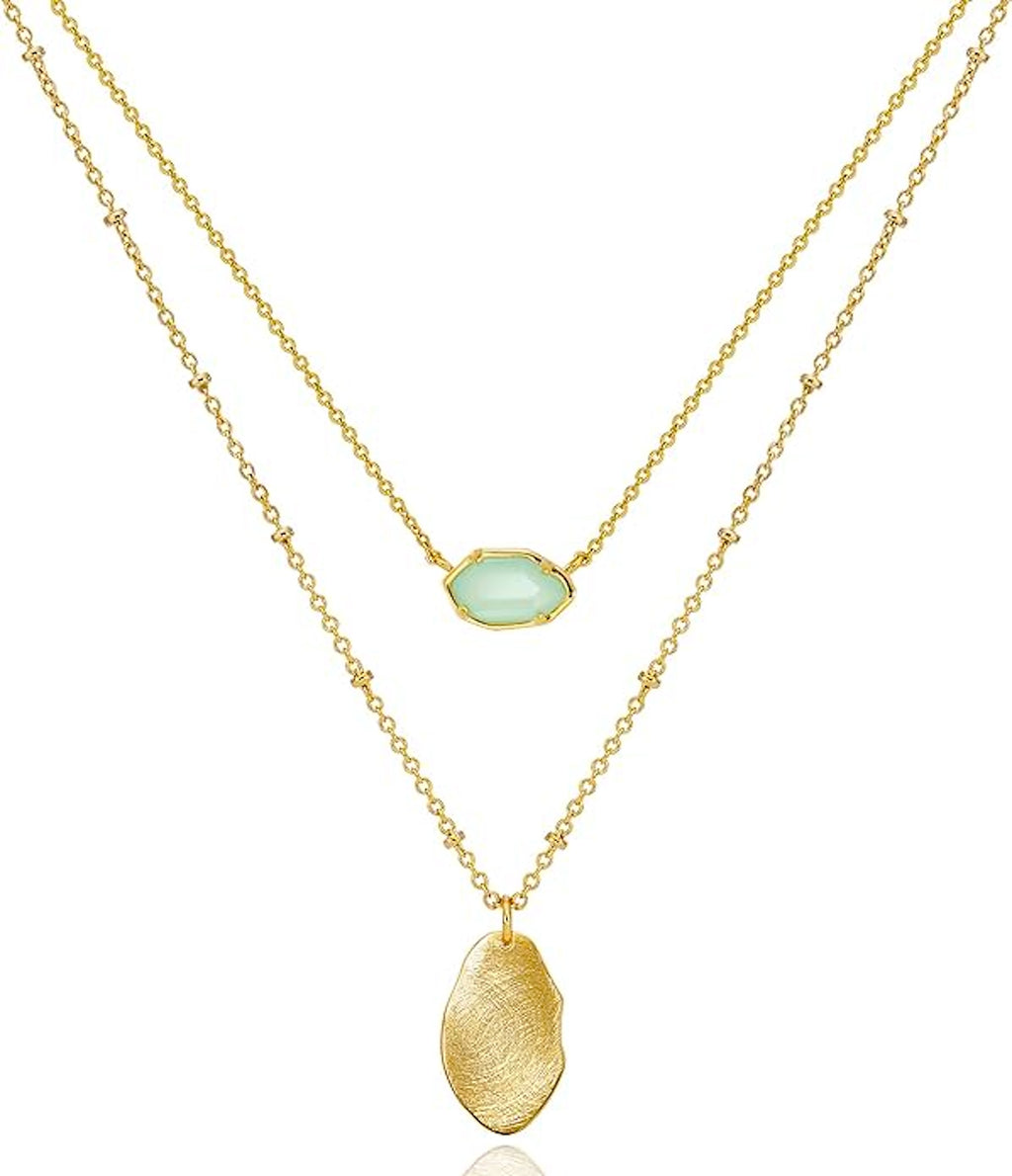 18k Gold Sea Green Chalcedony Geometric Layer  Drop Necklace - Liv Oliver