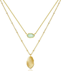18k Gold Sea Green Chalcedony Geometric Layer  Drop Necklace - Liv Oliver