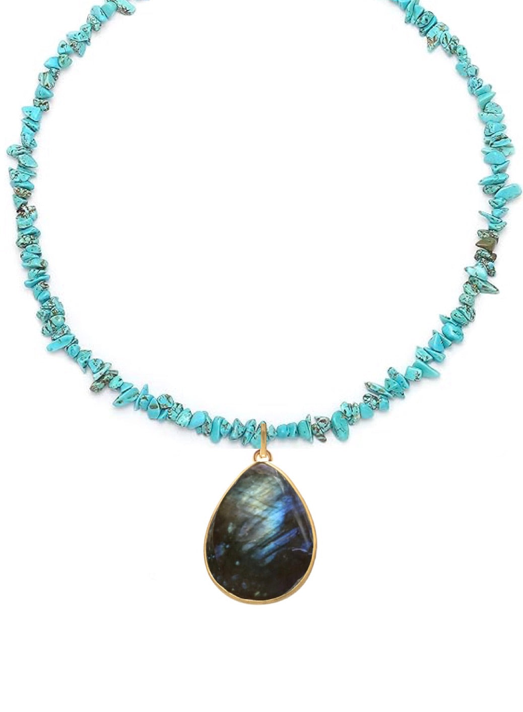 18k Gold Turquoise & Labradorite Gemstone Pear Drop Necklace