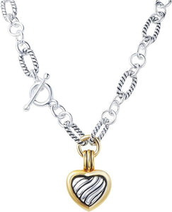 18k Gold Two Tone Textured Link Love Charm Necklace