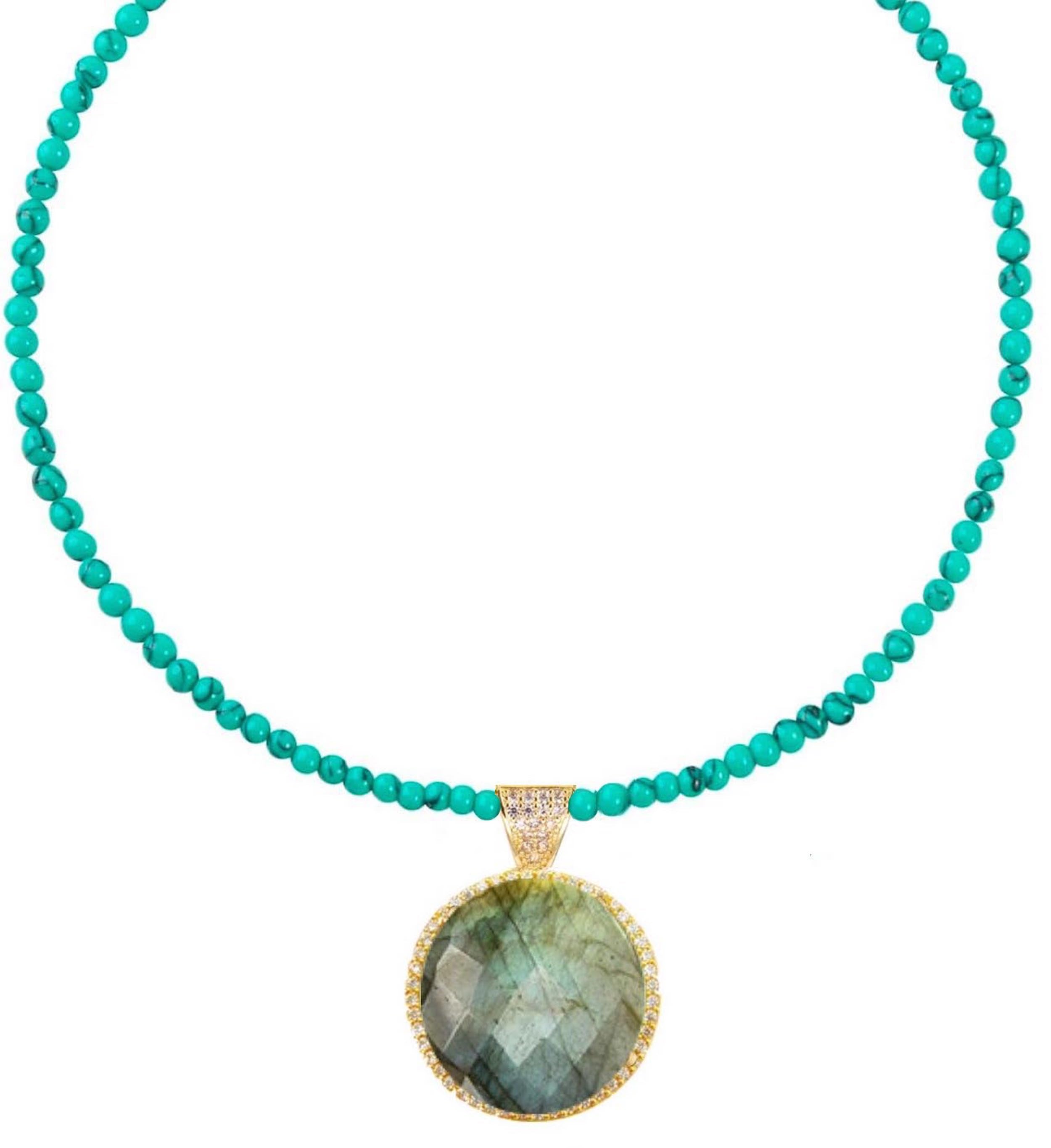 18k Gold Sea Green Chalcedony Disc Drop Necklace