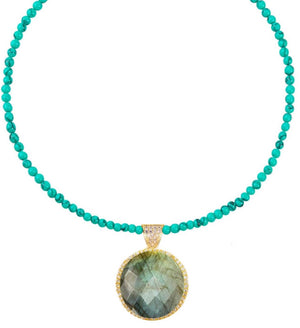 18k Gold Sea Green Chalcedony Disc Drop Necklace