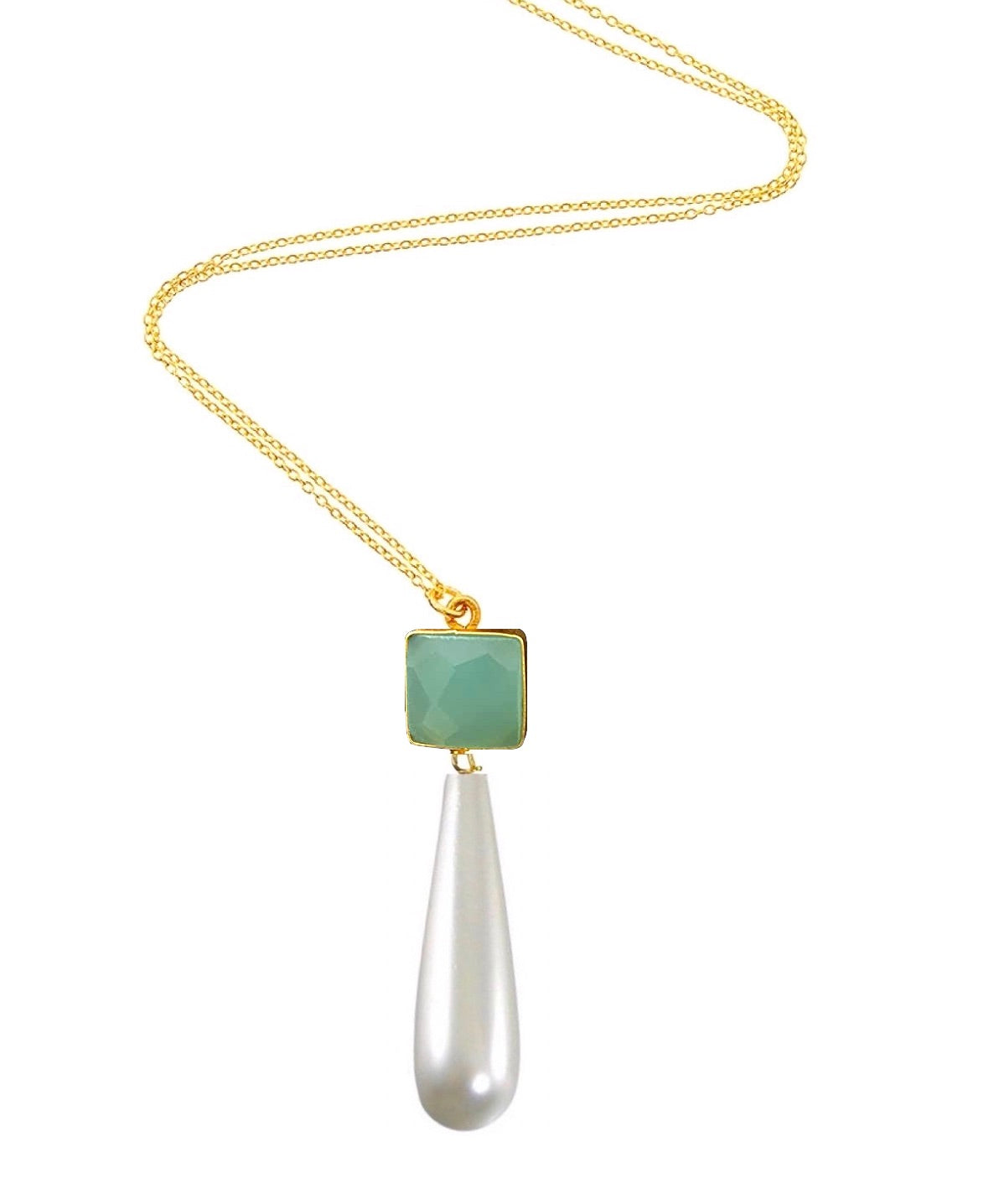 18k Gold Sea Green & Pearl Tear Drop Necklace