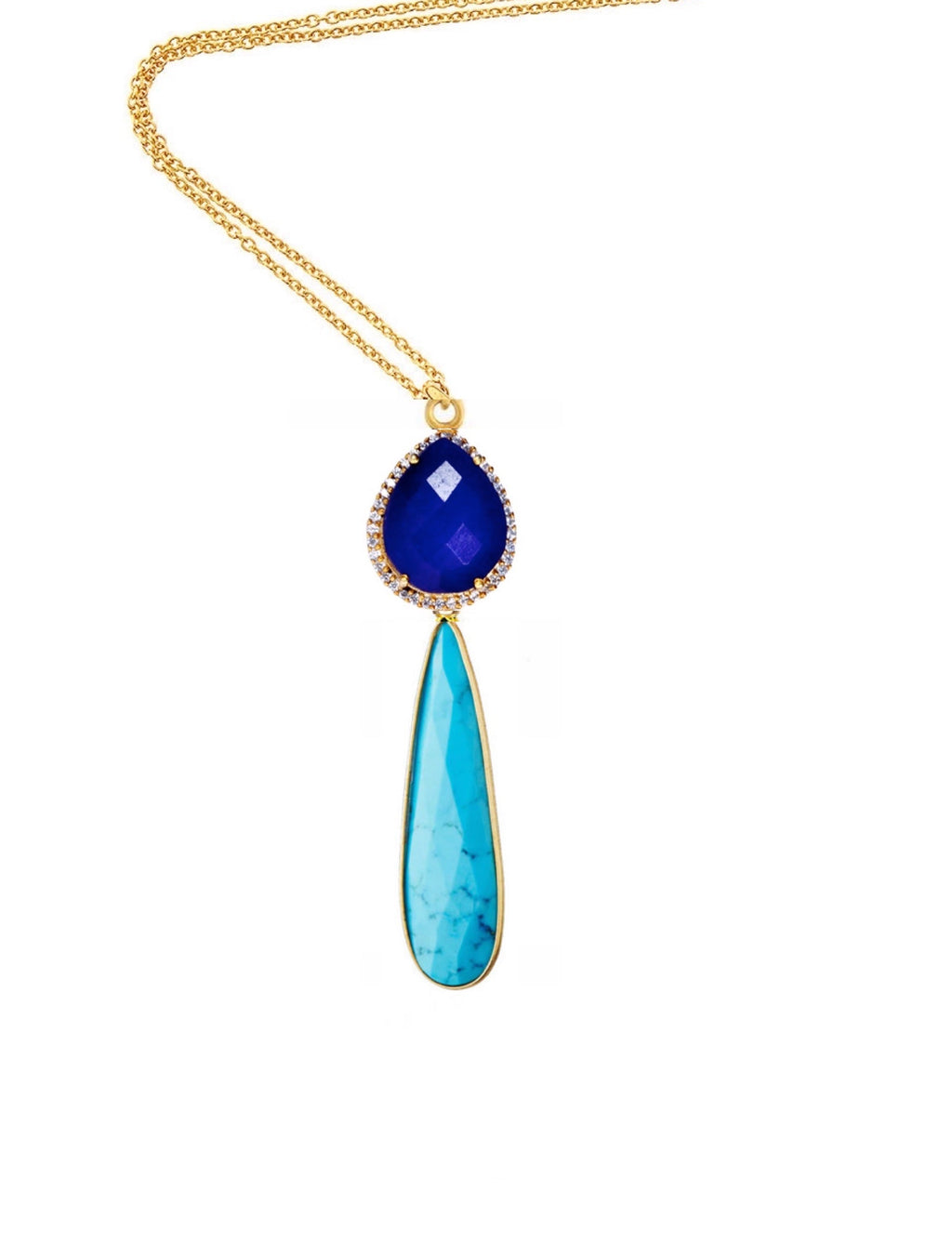 18k Gold Sapphire & Turquoise Embellished Pear Drop Necklace - Liv Oliver