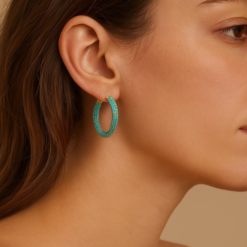 18K Gold Turquoise hinged hoop earrings