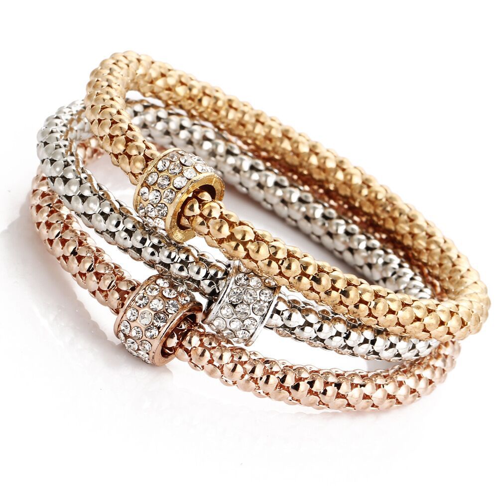 Multi Tri Color Textured Embellished Bracelet Set - Liv Oliver