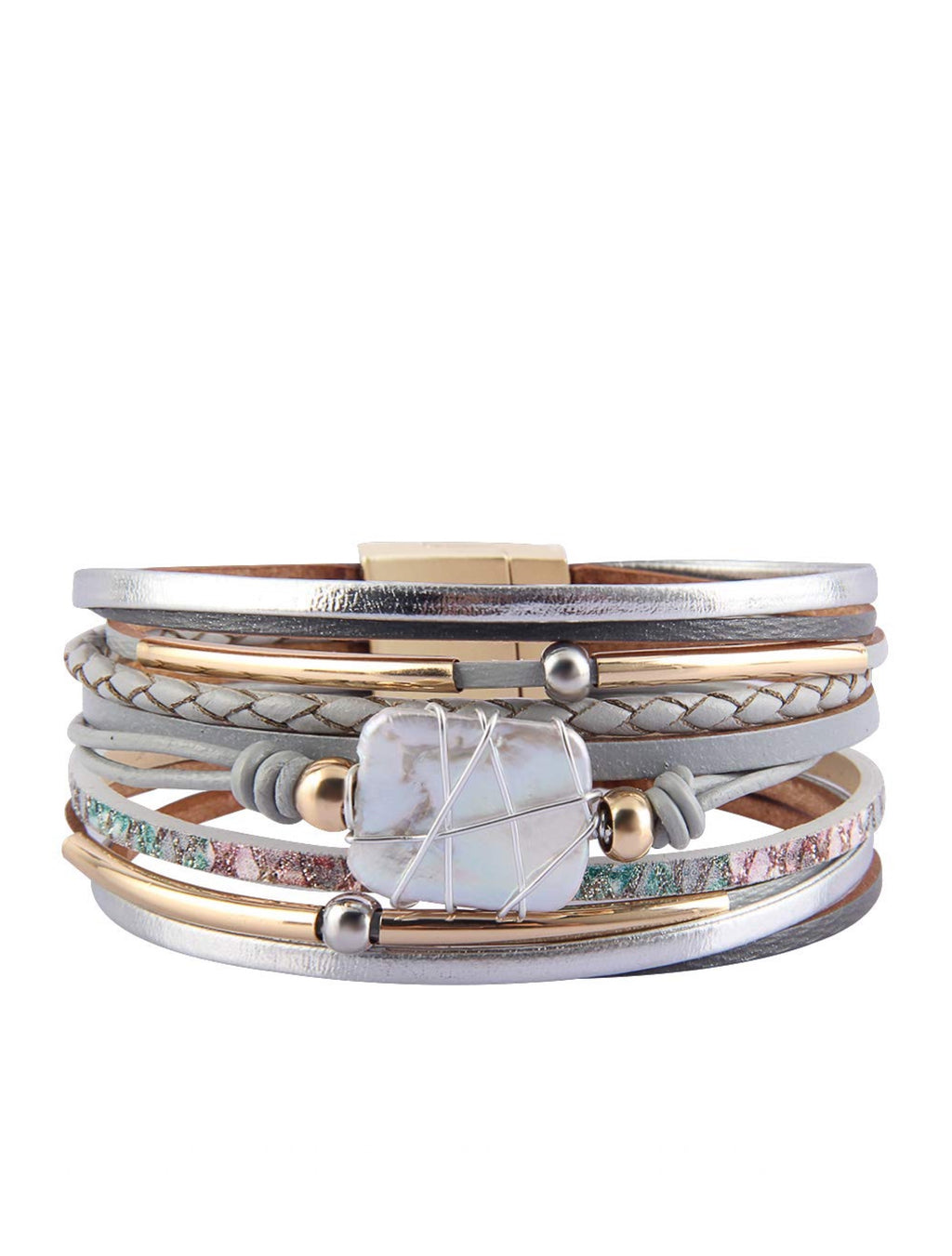 18k Gold Multi Row Grey Leather Pearl Bracelet