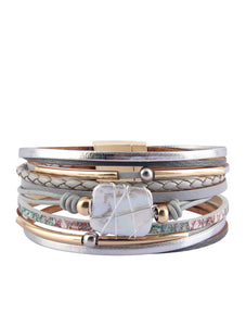 18k Gold Multi Row Grey Leather Pearl Bracelet