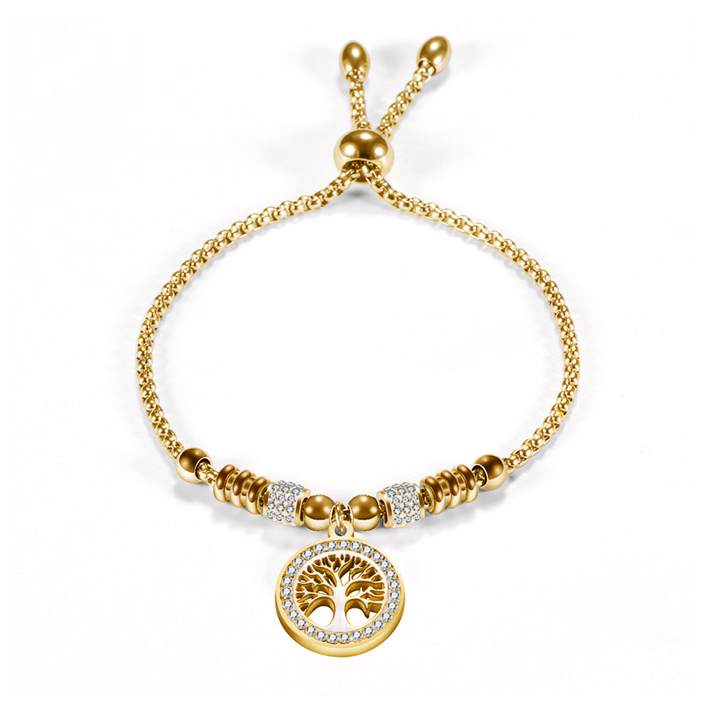 18k Gold Carved Tree Charm Embvelished Bracelet