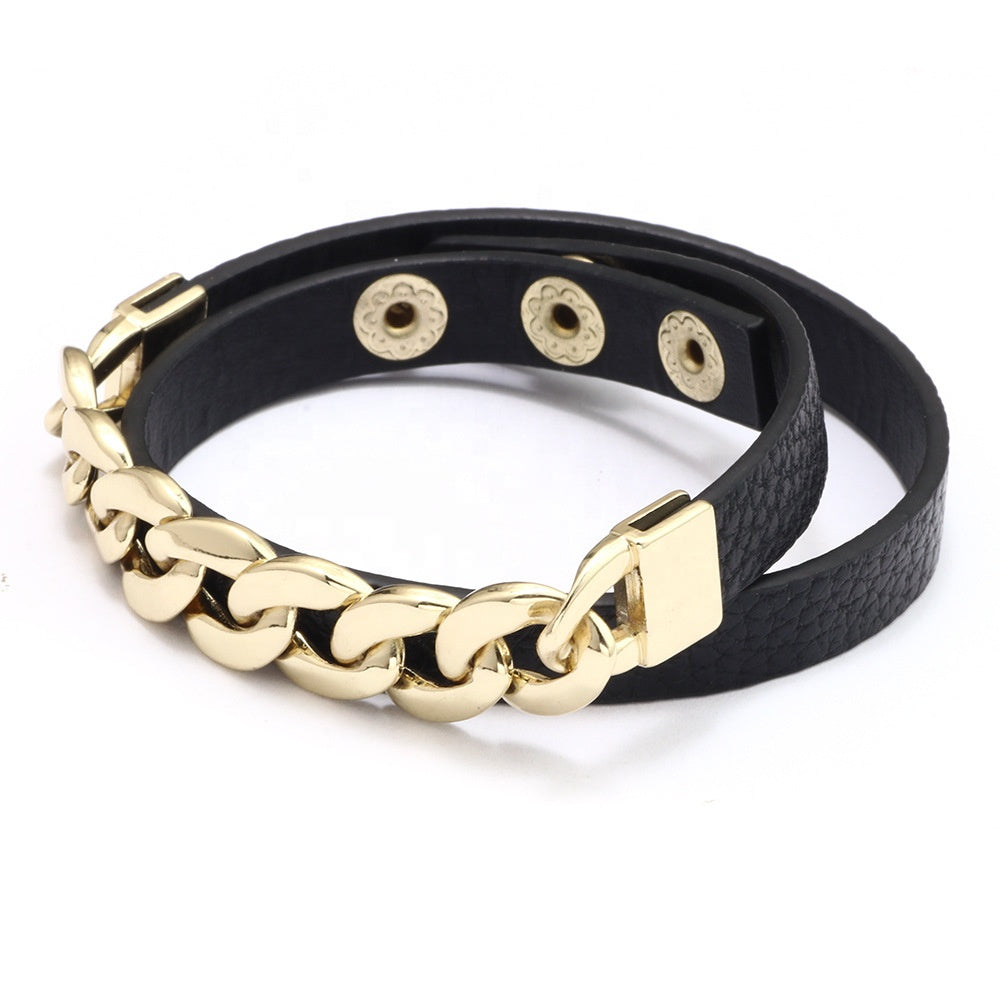 18K Gold Black Leather Chain Bracelet
