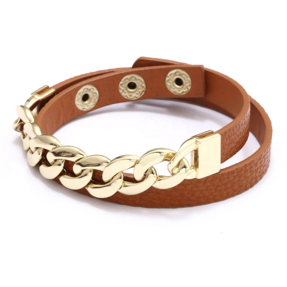 18K Gold Tan Leather Chain Bracelet
