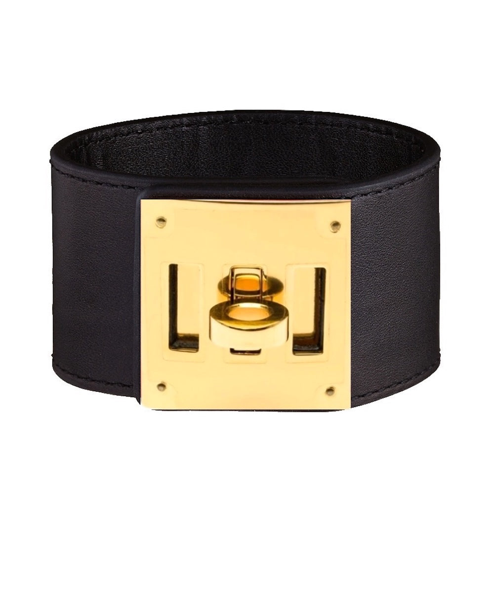 18K Gold Plated Black Leather Cuff Lock Bracelet