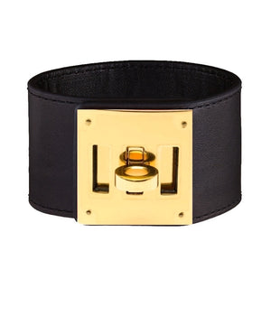 18K Gold Plated Black Leather Cuff Lock Bracelet