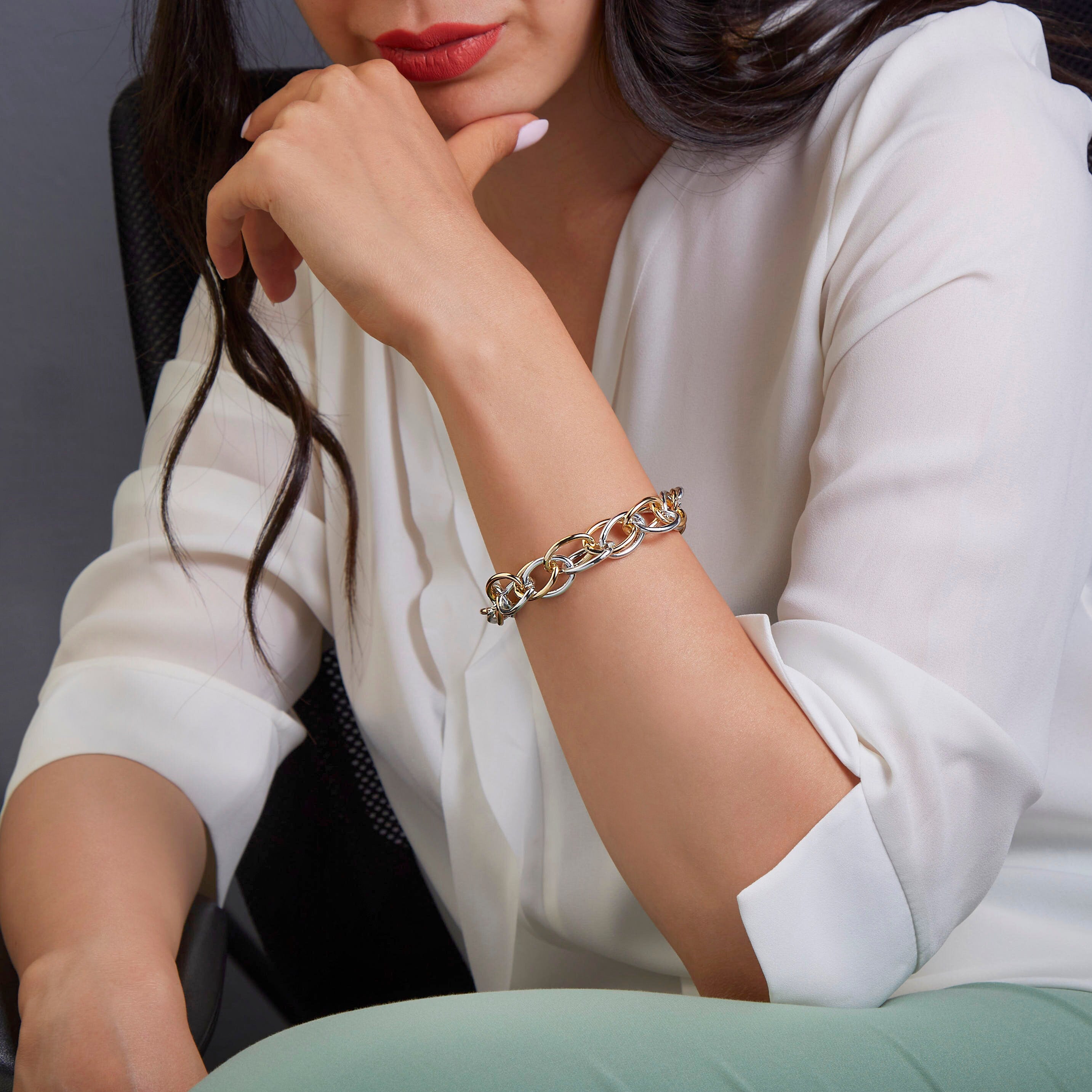 18k Gold Two Tone Polished Link Bracelet