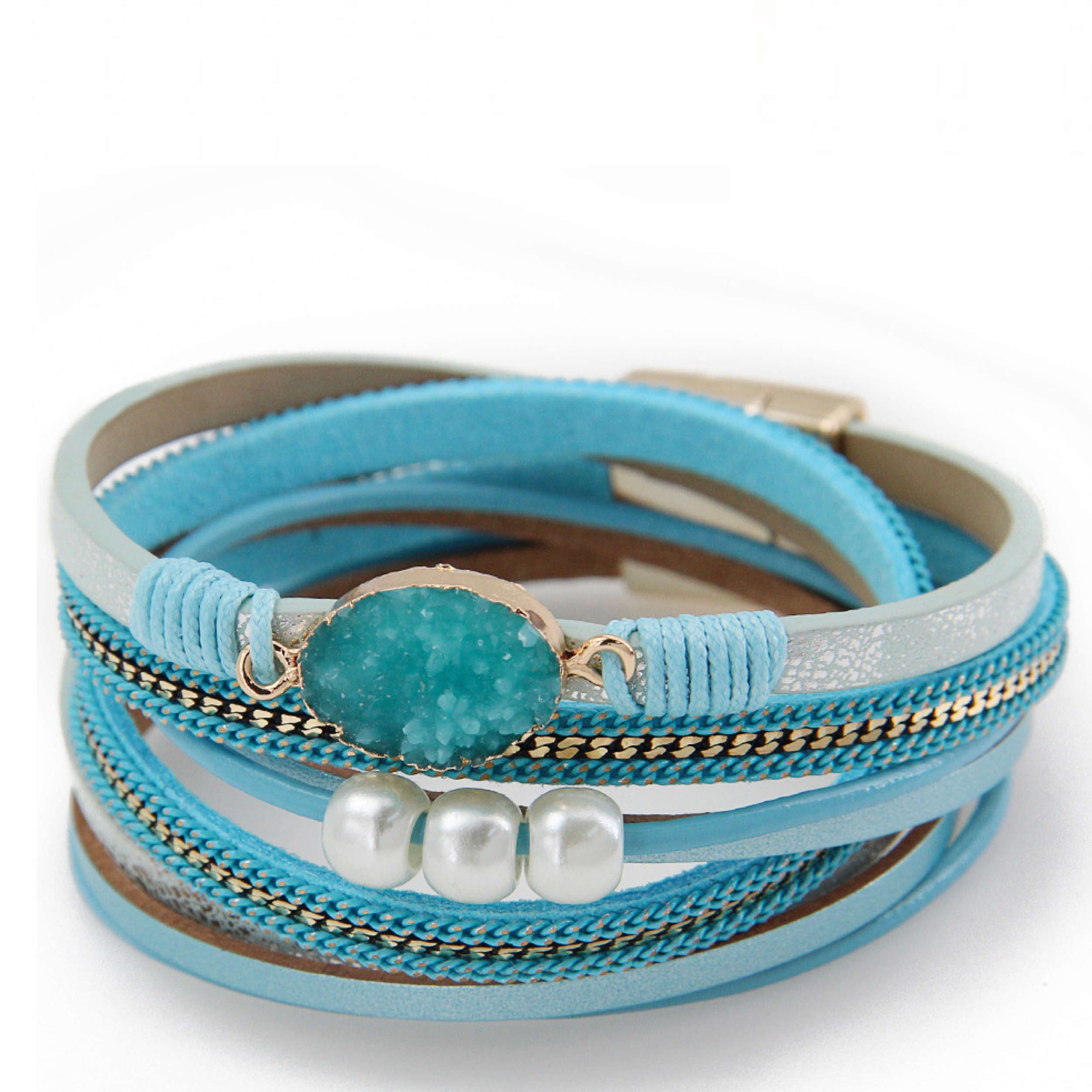 18K Gold Turquoise & Blue Quartz Multi Wrap Bracelet
