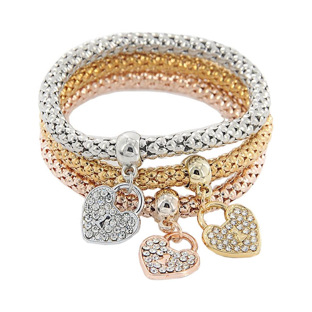 Multi Tri Color Textured Charm Bracelet Set