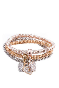 18K Tri Color Love Charm Textured Bracelet Set