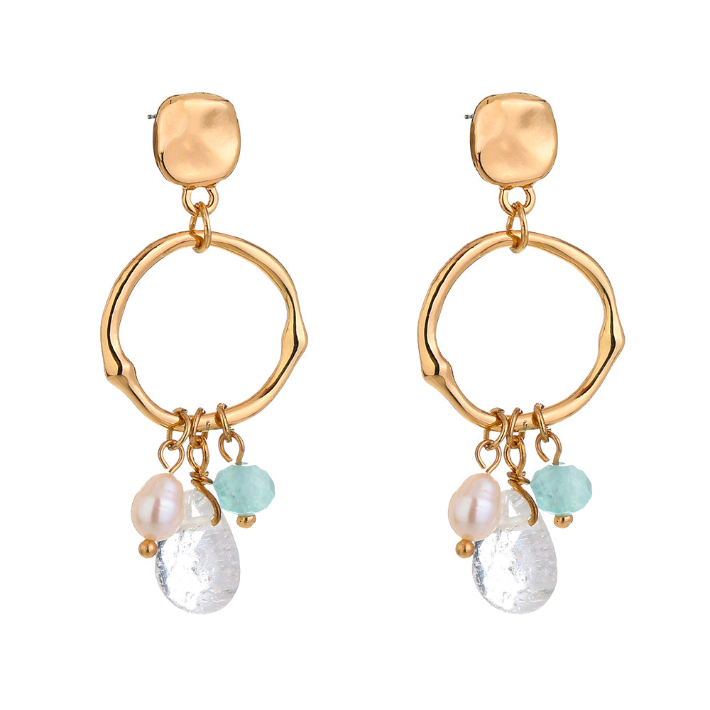 18k Gold Open Ring Pearl & Gemstone Charm Earrings