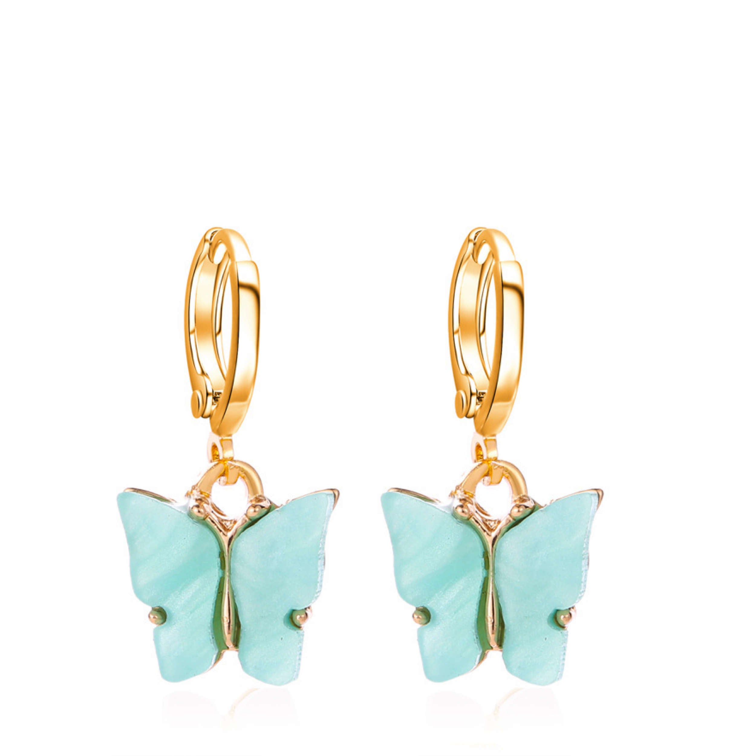 18k Gold Sea Green Carved Butterfly Drop Earrings