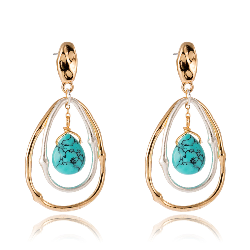 18k Gold & Silver Two Tone Oval Turquoise Earrings