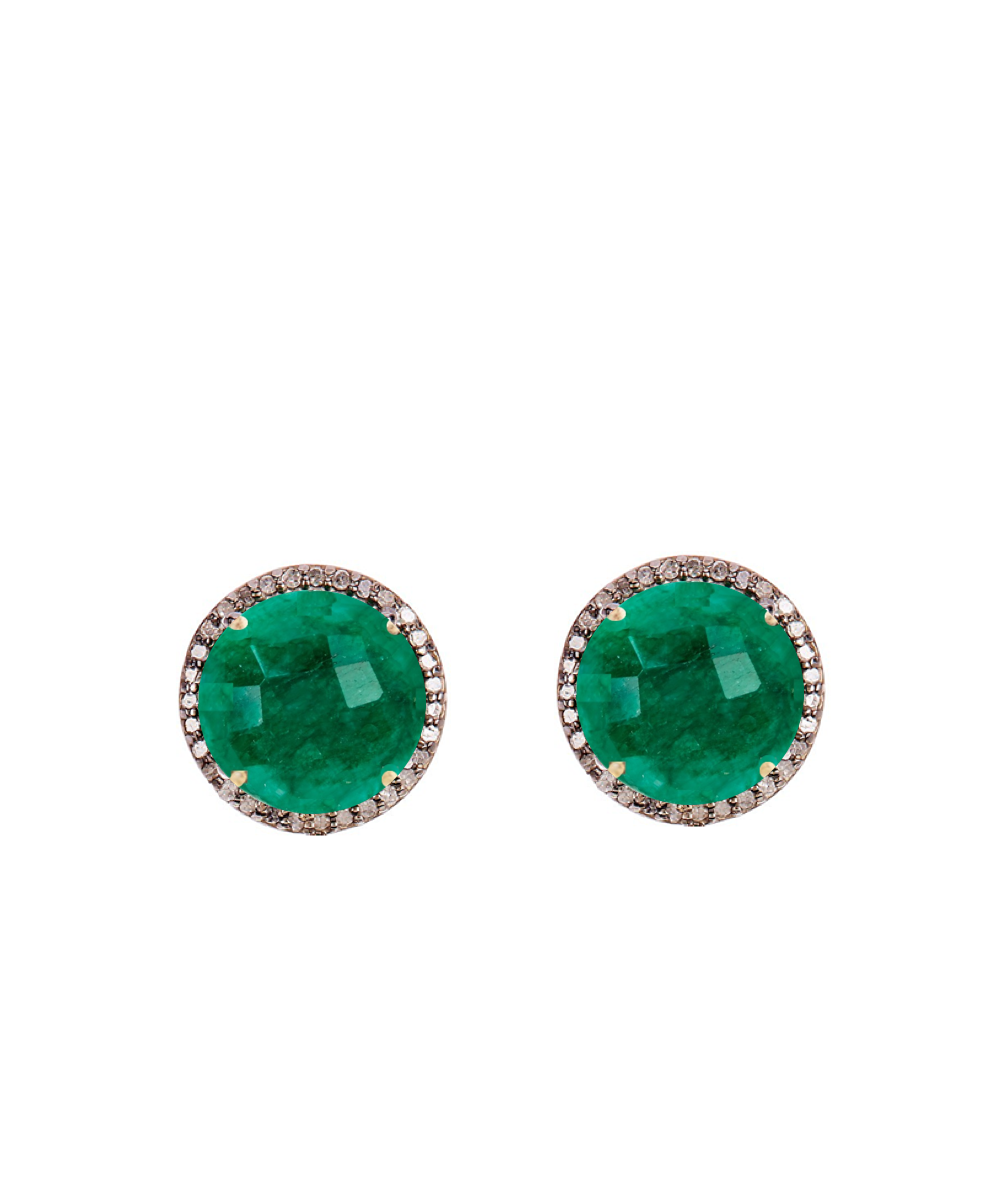 18K Gold Emerald & Multi Diamond Halo Stud Earrings