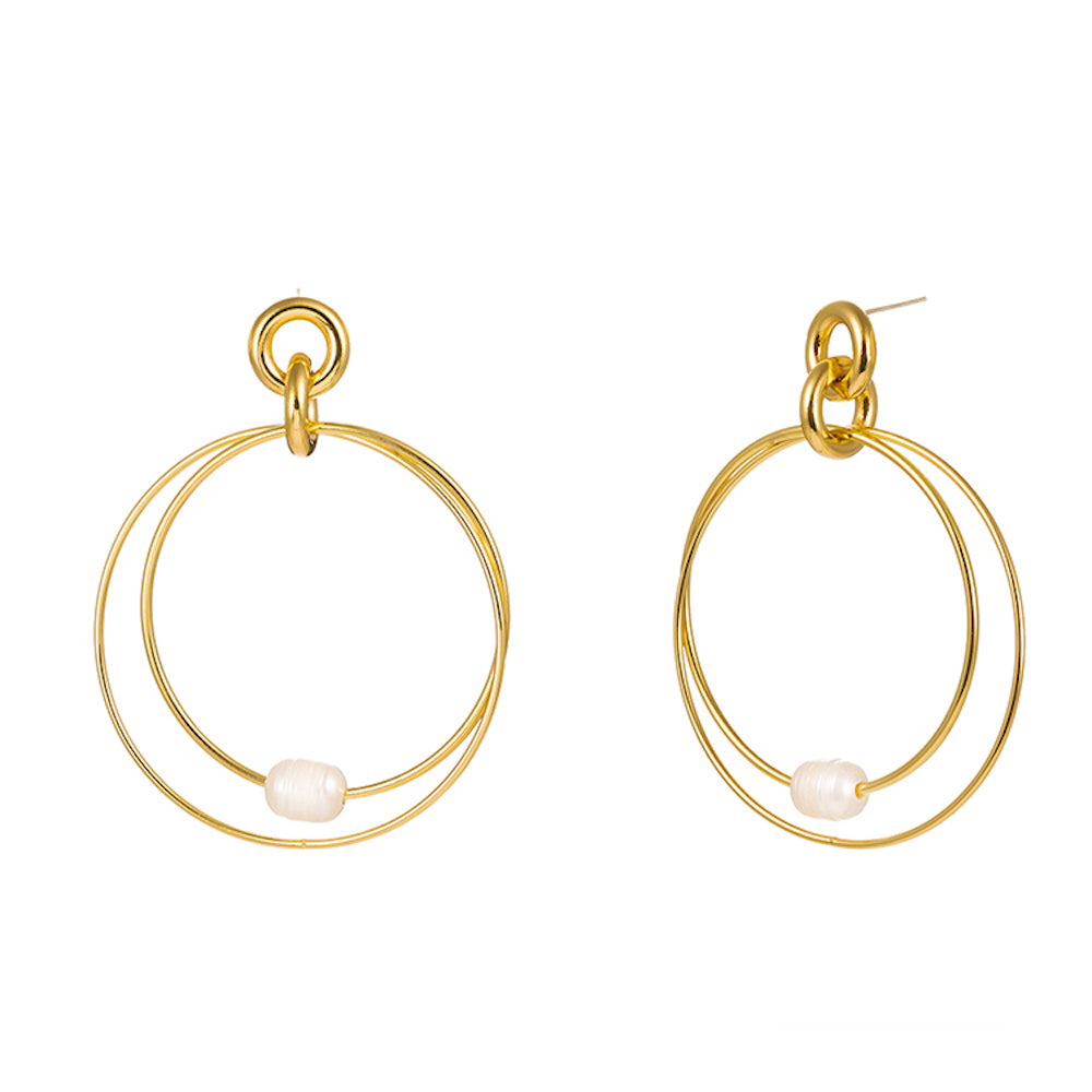 18k Gold Double Ring Pearl Earrings