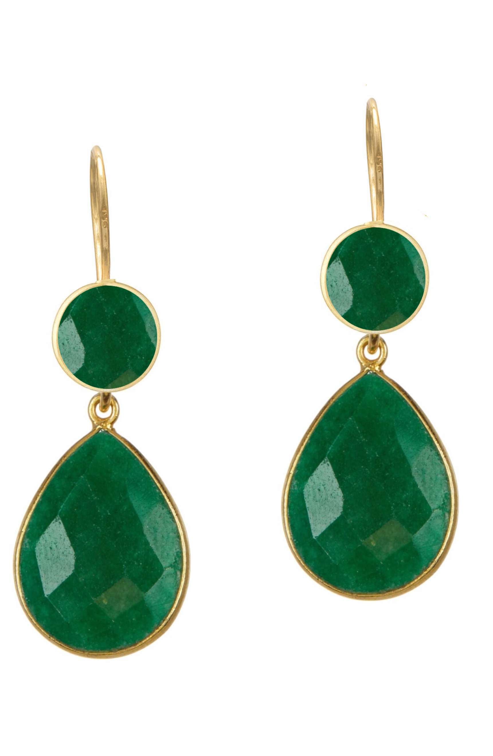 18k Gold Emerald Disc & Pear Drop Earrings