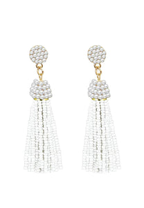 18k Gold Plated White Bead Tassle Statement Earrings