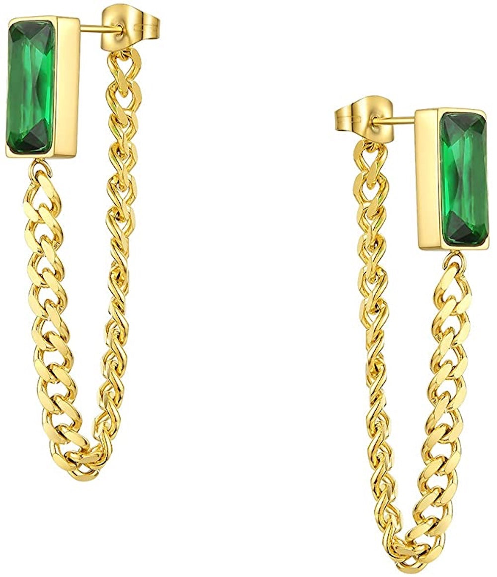 18K Gold Green Chain Drop Earrings