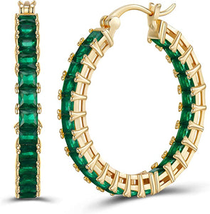 18K Gold Green Princess Cut hoop earrings