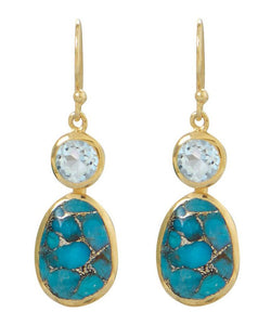 18K Gold Blue Topaz & Turquoise Drop Earrings