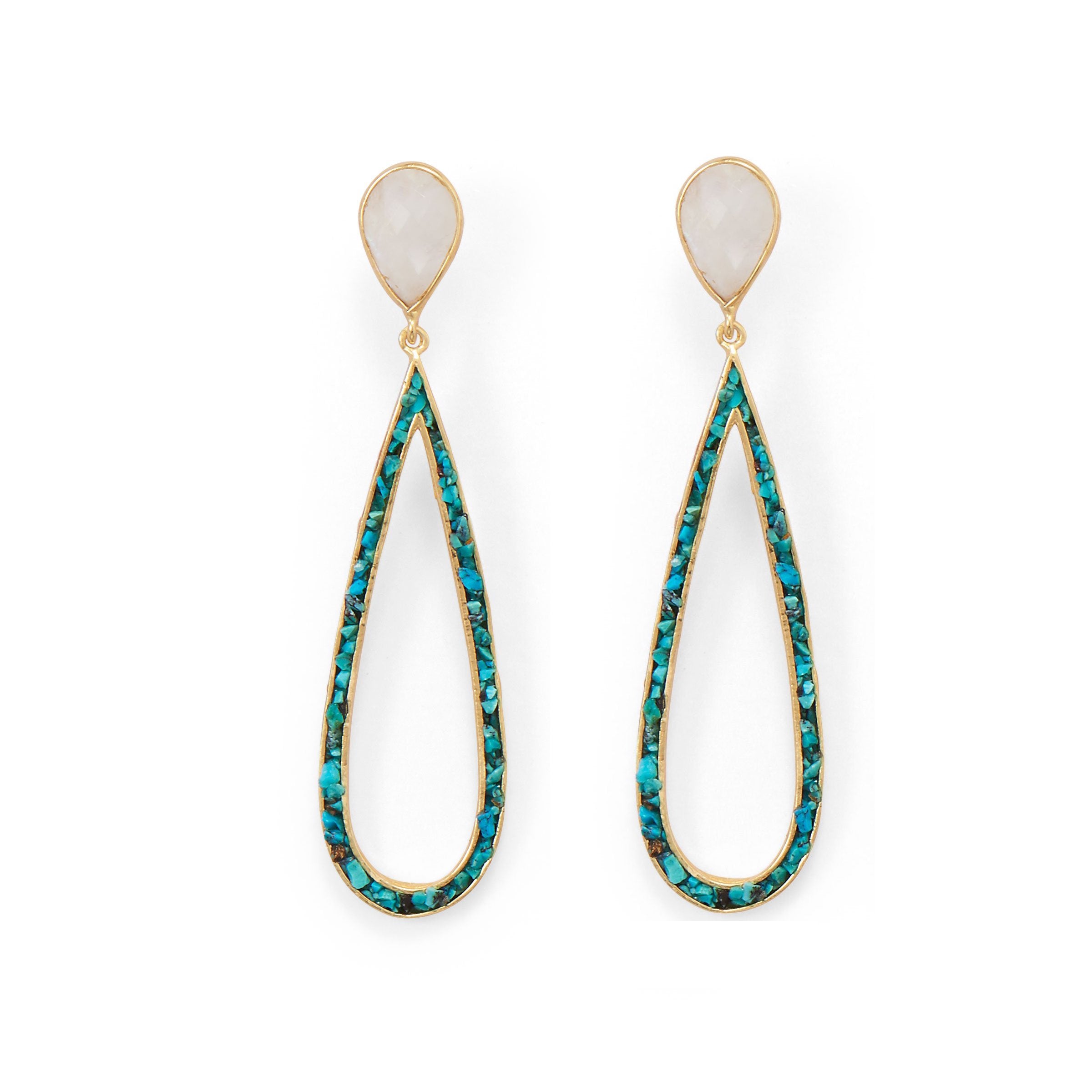 18k Gold Rainbow Moonstone and Turquoise Drop Earrings